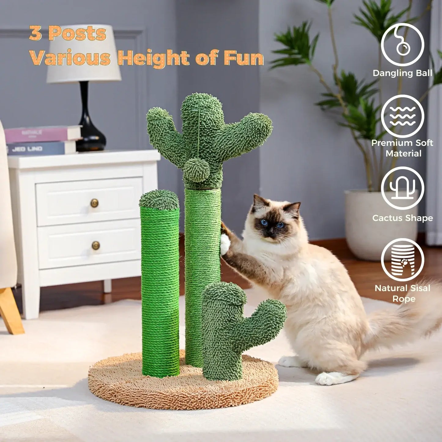 Cactus Cat Scratching Post-KittyCacti with three sisal-wrapped posts and a dangling ball, enhancing feline playtime.