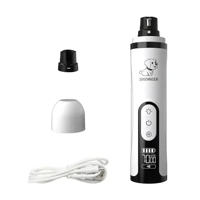 SilentGlow LED pet nail grinder with USB charging cable and attachments for dogs and cats in a sleek design.