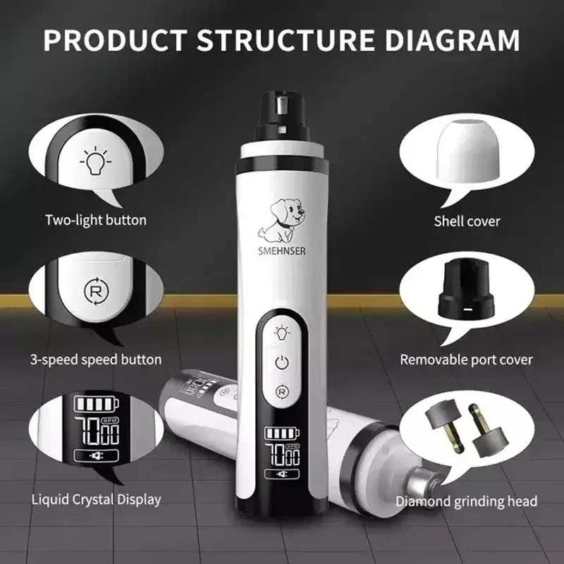 Diagram of SilentGlow LED pet nail grinder showing features like speed settings, display, and grinding head.