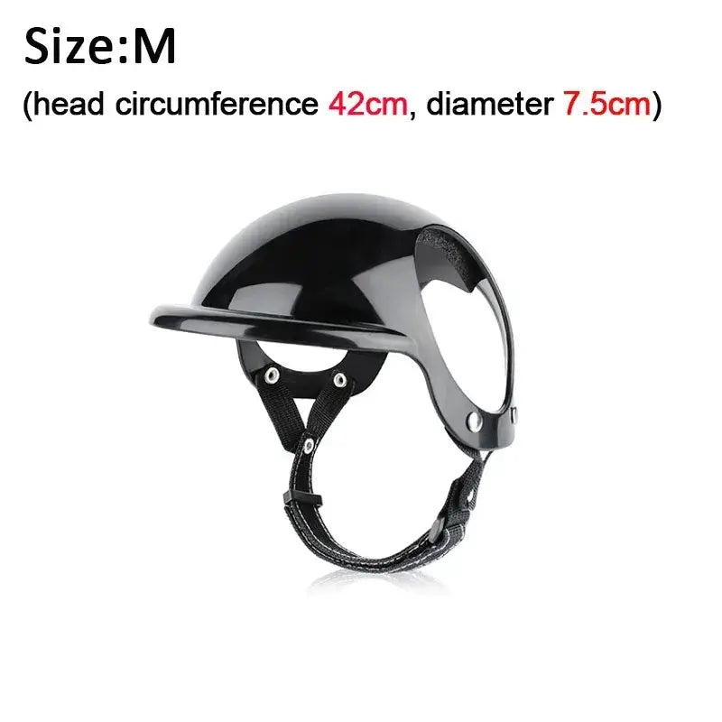 Black medium-sized pet motorcycle helmet for dogs and cats, showing head measurement details.