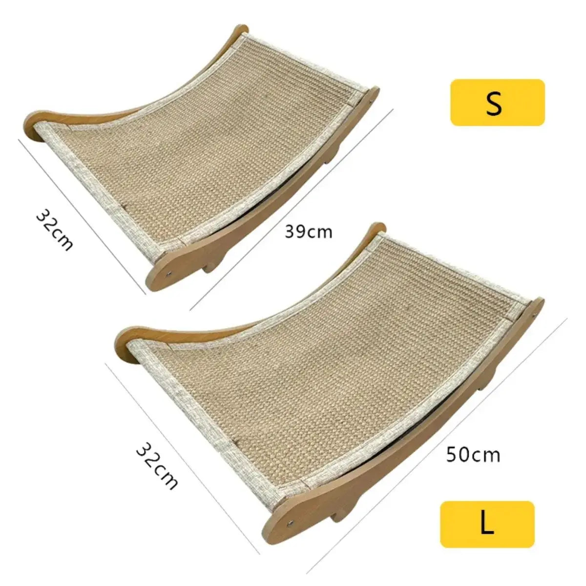 Sisal Serenity Cat Scratcher & Bed showing small and large sizes with measurements for optimal cat scratching and lounging.
