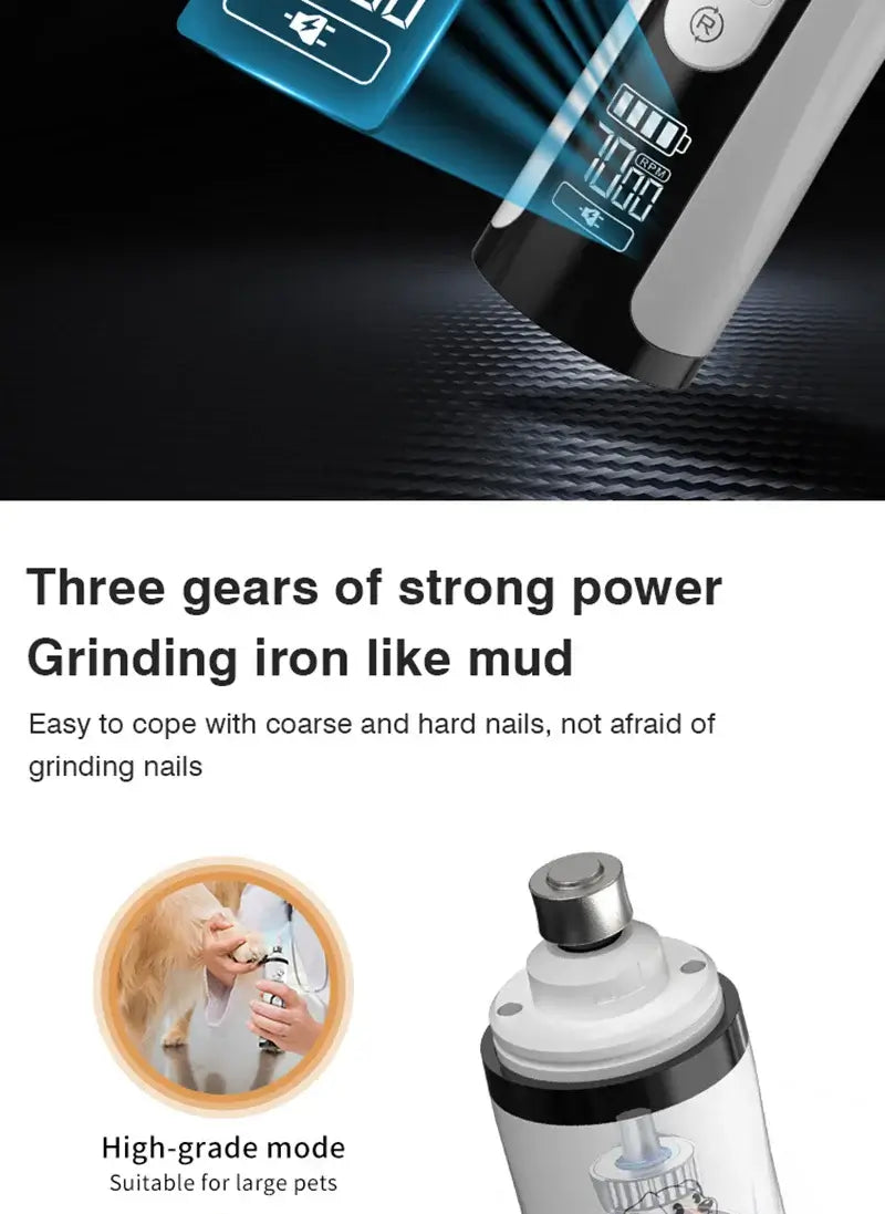 SilentGlow LED pet nail grinder showing three power settings and high-grade mode for easy nail grinding.