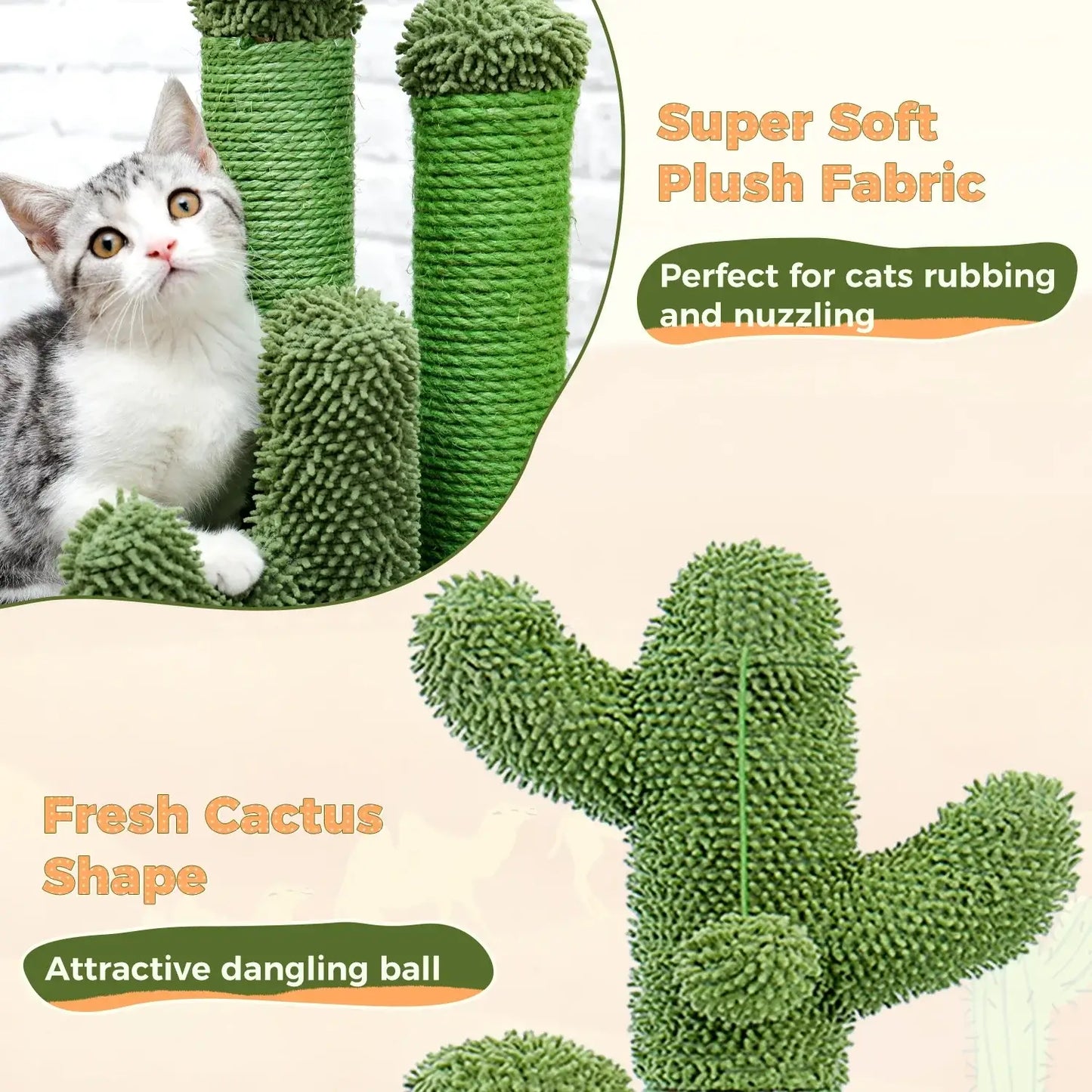 Cactus Cat Scratching Post featuring soft plush fabric and interactive dangling ball for feline fun and entertainment.
