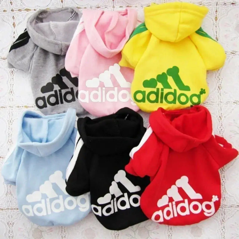 Colorful Adidog Hooded Sweatshirts for dogs in various sizes and colors, perfect for autumn and winter wear.