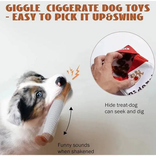Dog playing with funny plush cigarette toy, showcasing interactive plush design and squeaky sounds for engagement.