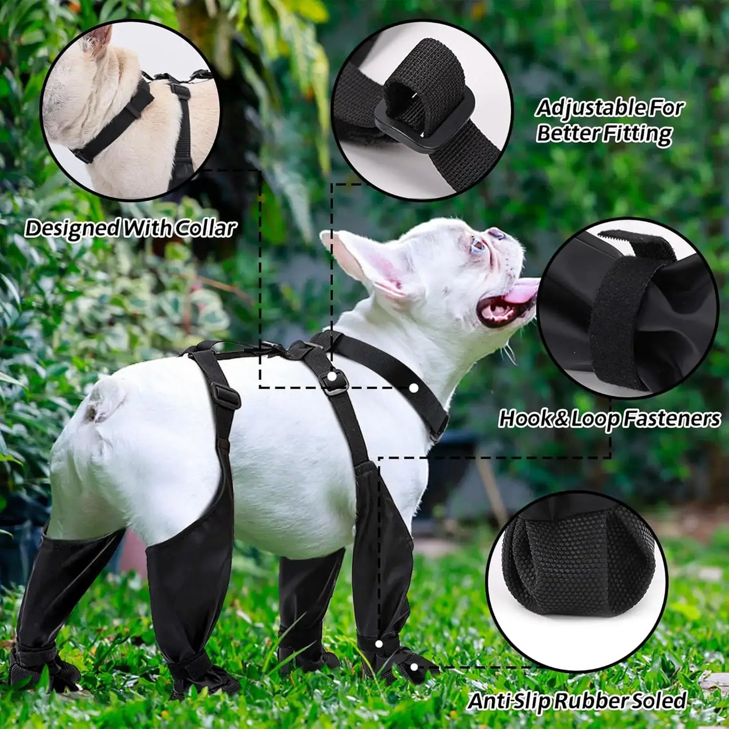 Adjustable waterproof dog boots with collar and anti-slip rubber soles for better fit and comfort.
