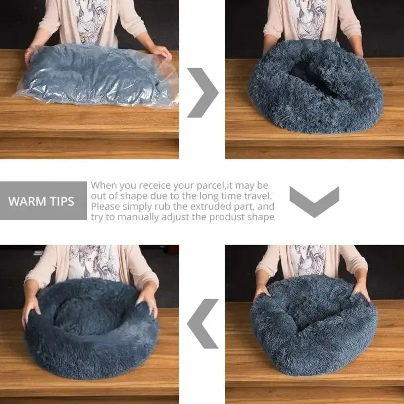 Instructions for fluffing and shaping the FurEver Pet Bed after unpacking.