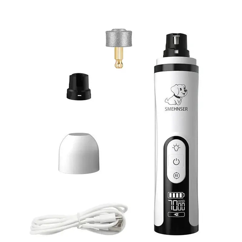 SilentGlow LED pet nail grinder with USB charging, attachments, and controls for dogs and cats grooming.