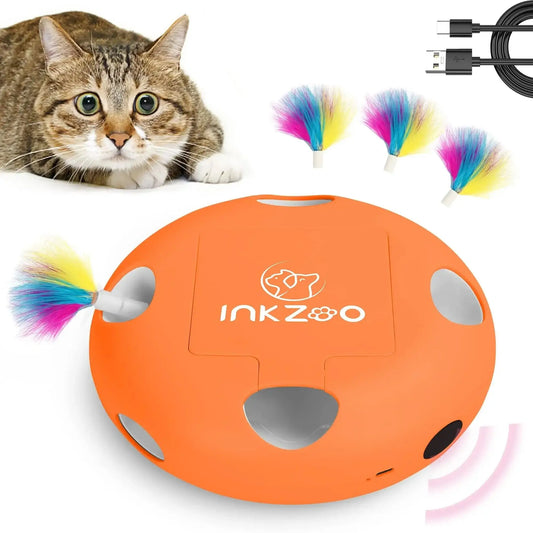 INKZOO Whack-A-Mole Cat Toy in orange with colorful feathers and USB charging cable, designed for interactive play.