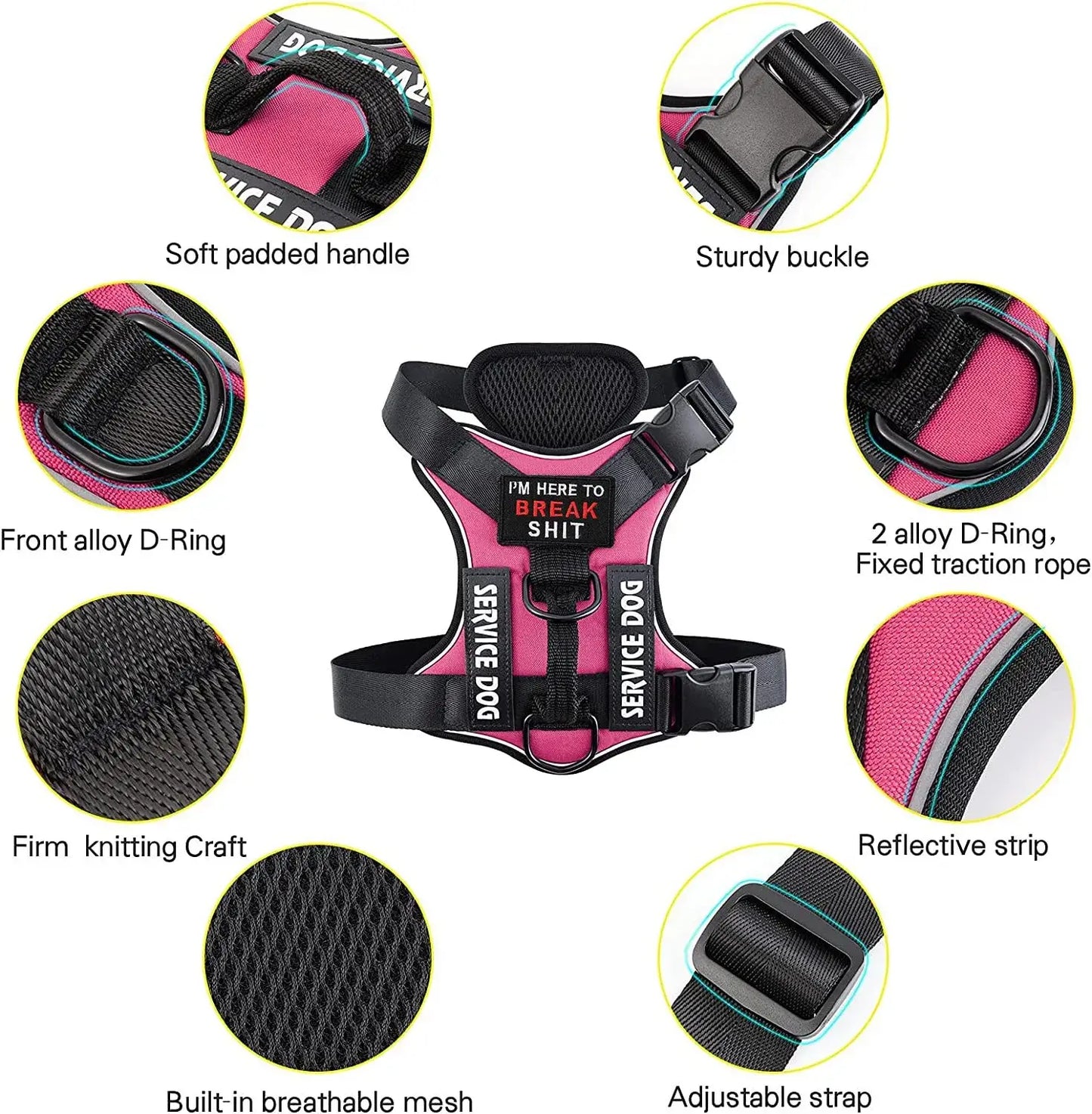 Reflective dog vest with soft padded handle, sturdy buckle, breathable mesh, and adjustable strap for comfort and safety.