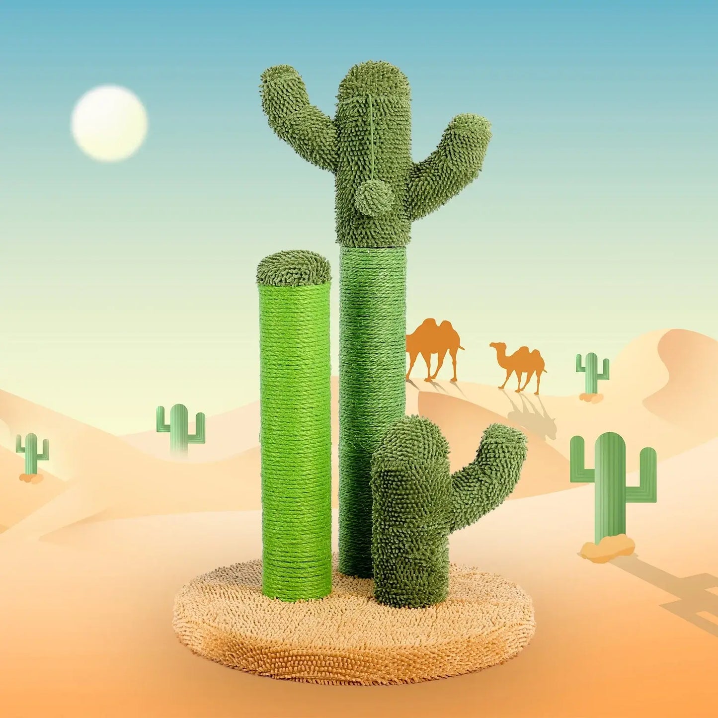 Cactus Cat Scratching Post-KittyCacti with sisal poles and a carpeted base in a desert scene.