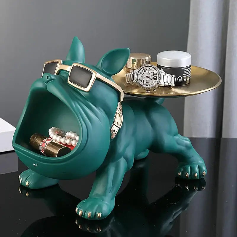 Colorful bulldog resin statue with sunglasses, serving as a storage tray for jewelry and watches.