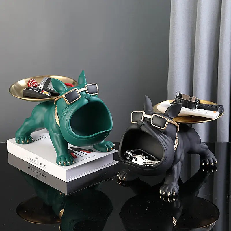 Stylish bulldog resin statues in green and black, serving as decorative storage boxes with trays for essentials.