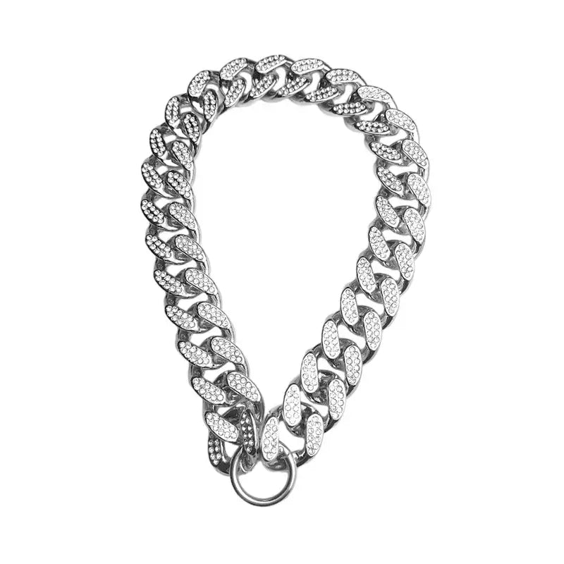 Golden jeweled dog collar chain with diamond inlay, perfect luxury pet accessory for stylish pets.