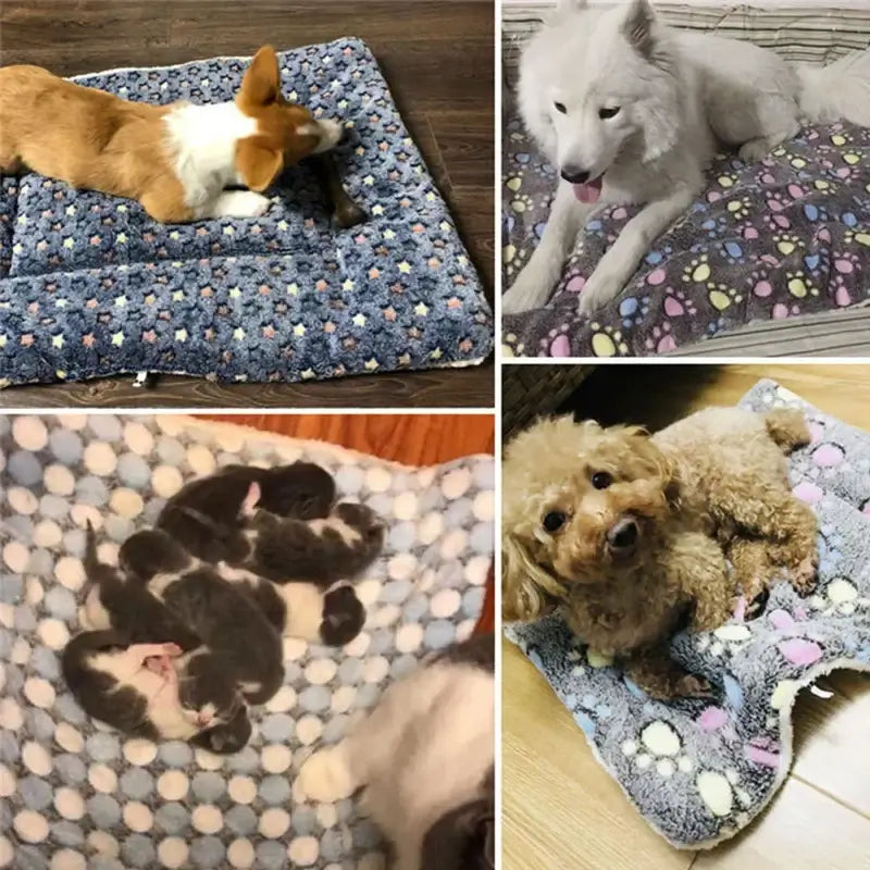 Collage of pets resting on cozy flannel pet sleeping mats in various colors and patterns.