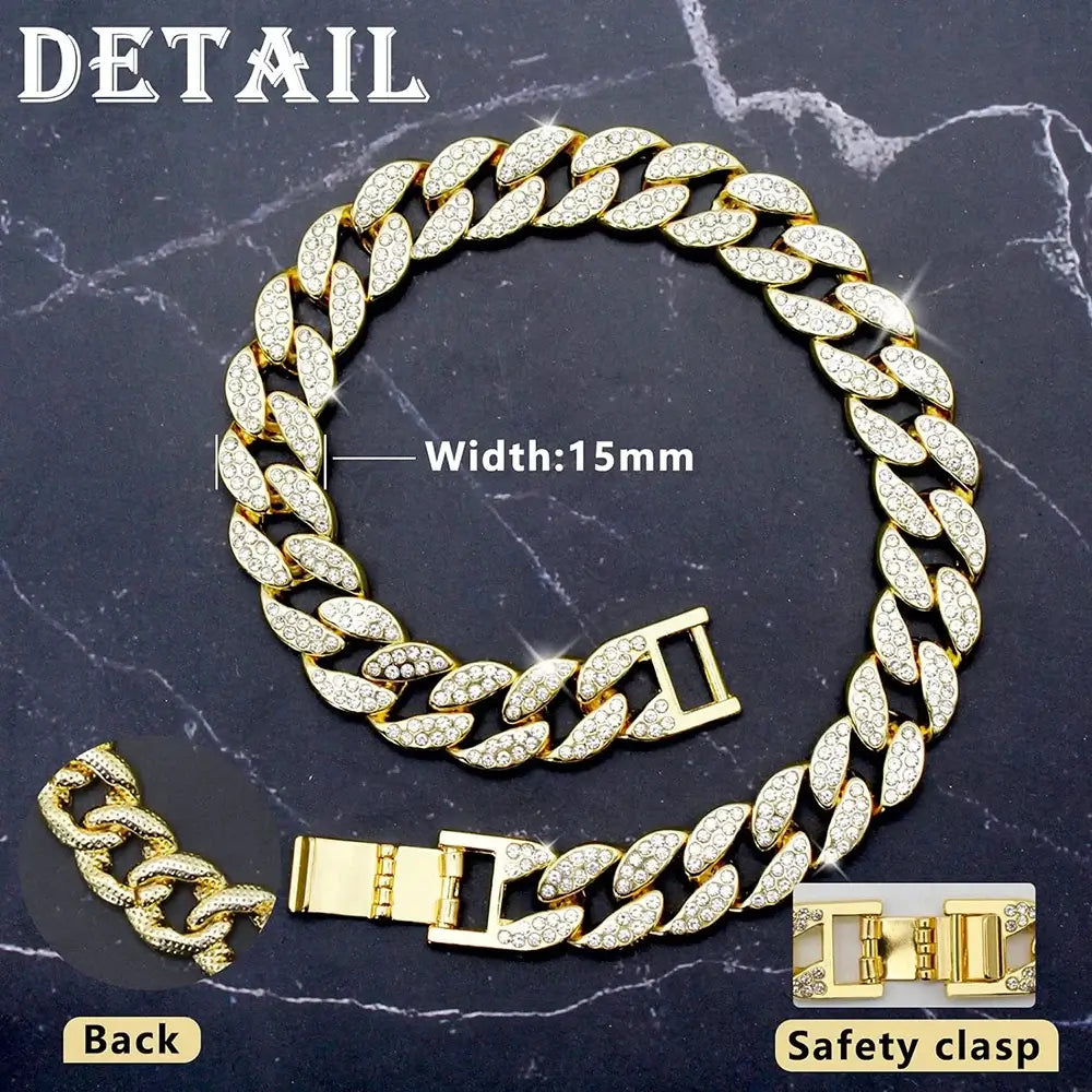 Golden Sparkle Diamond Dog Collar showcasing Cuban link design with zirconia diamonds, 15mm width and safety clasp detail.