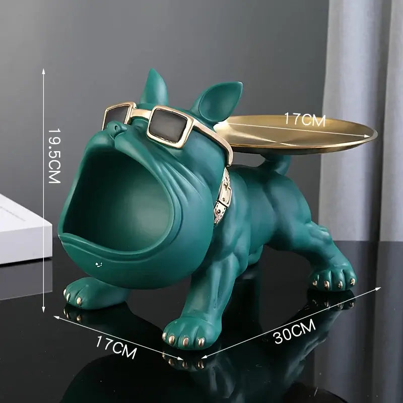 Bulldog resin statue with sunglasses, used as storage box on a table for home decor.