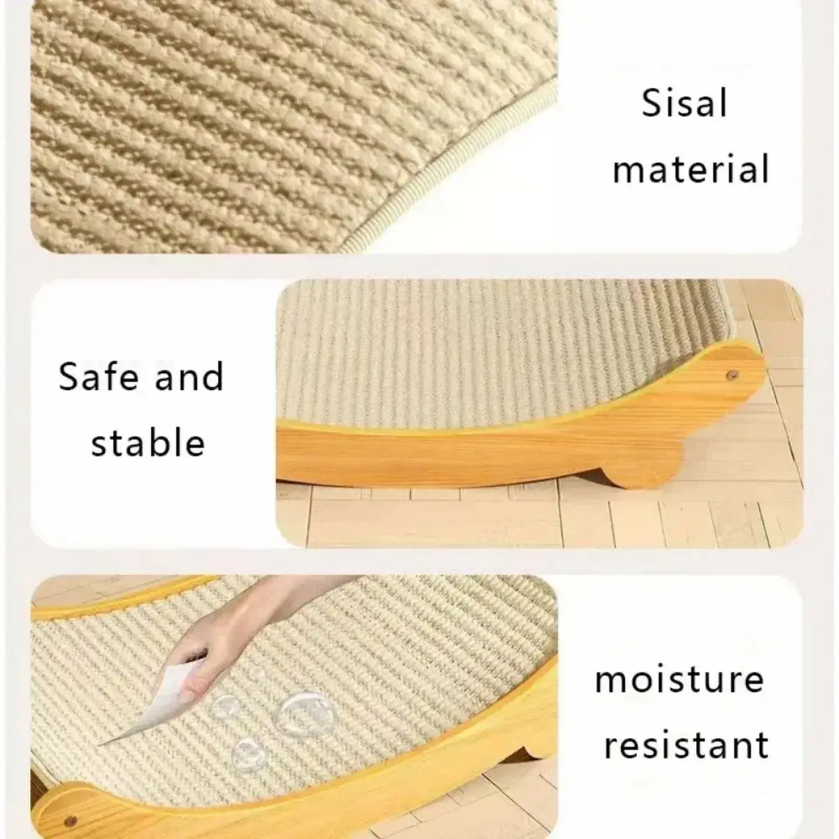 Sisal Serenity Cat Scratcher & Bed showing sisal material, stable design, and moisture-resistant features.