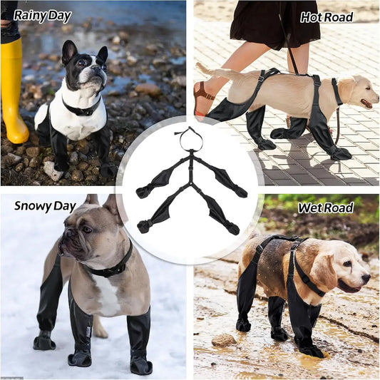 Collage of dogs wearing waterproof boots for rain, snow, and wet roads showcasing durable paw protection.