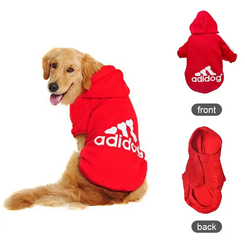 Dog wearing a red Adidog Hooded Sweatshirt, showcasing front and back views, perfect for warm and cozy pet winter clothing.