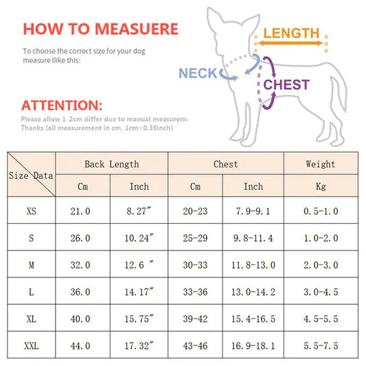 Measurement guide for Chihuahua puppy dog sweater sizing including neck, chest, and length dimensions.