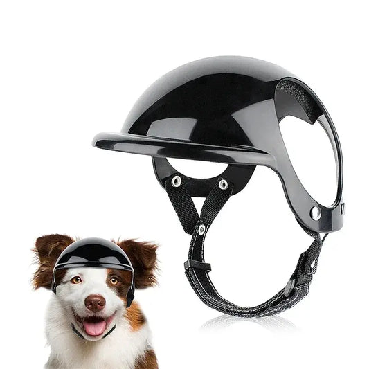 Black dog motorcycle helmet for pet riding safety, featuring adjustable straps for secure fit and stylish design.