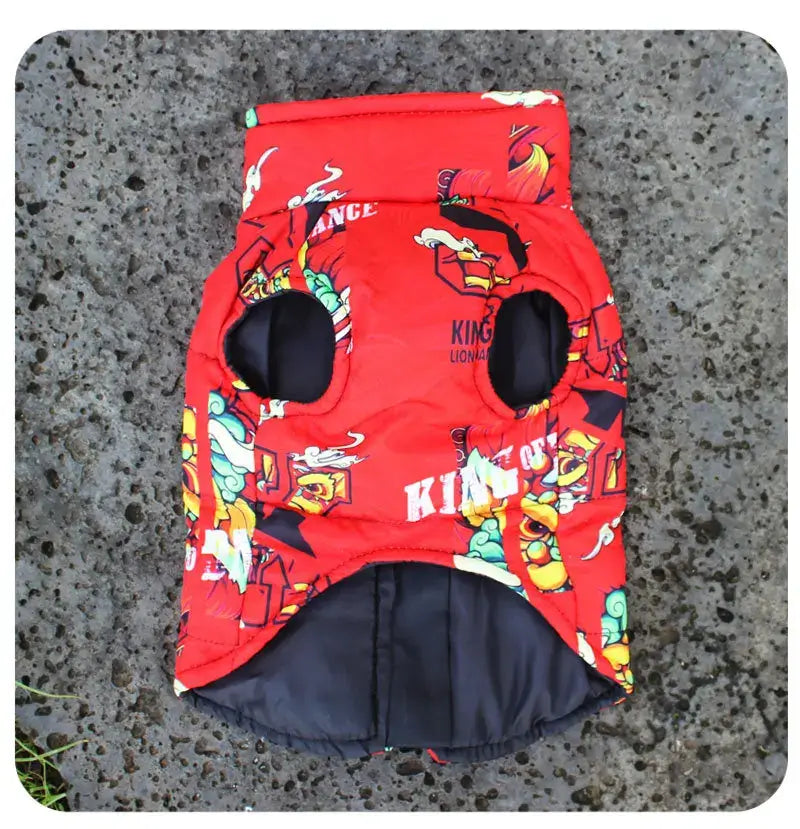 Colorful red waterproof dog jacket featuring unique design and openings for legs, perfect for winter outdoor adventures.
