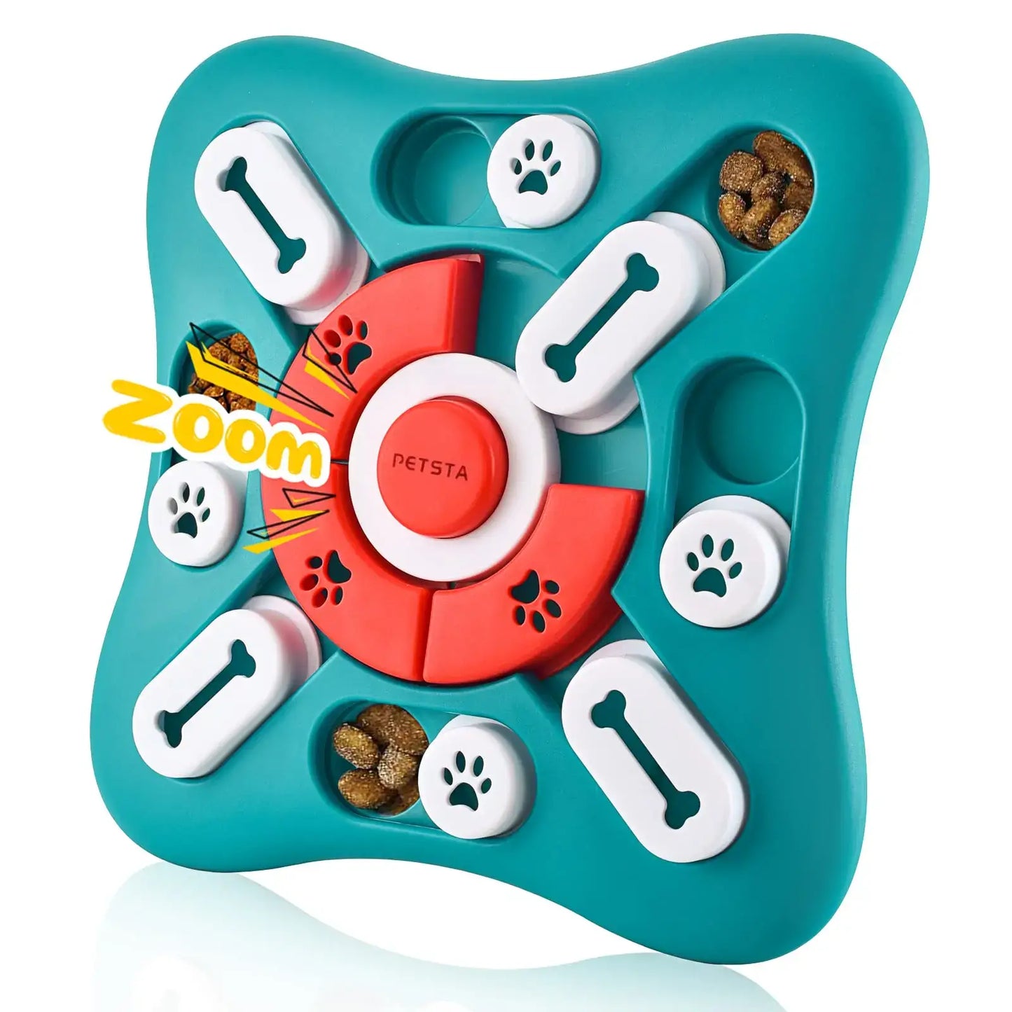 Interactive dog puzzle toy featuring treat compartments and rotating design for mental stimulation.