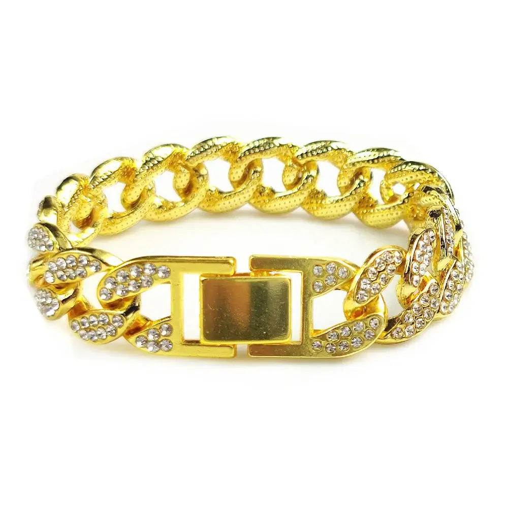 Gold Cuban link dog collar with zirconia diamonds, perfect luxury accessory for all dog breeds.