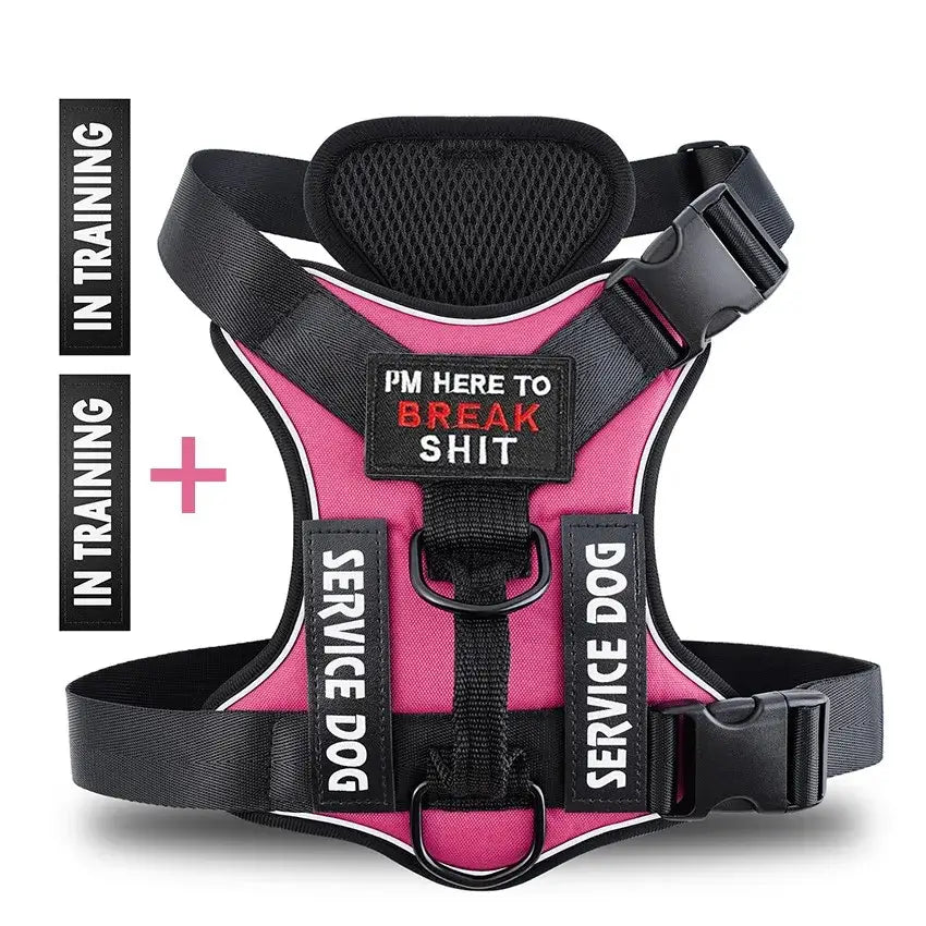 Pink service dog harness with training labels, featuring a mesh design for comfort and visibility.