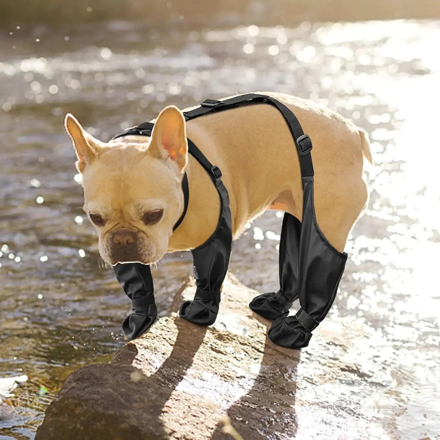 French Bulldog wearing waterproof black dog boots by a river, designed for outdoor adventures and paw protection.