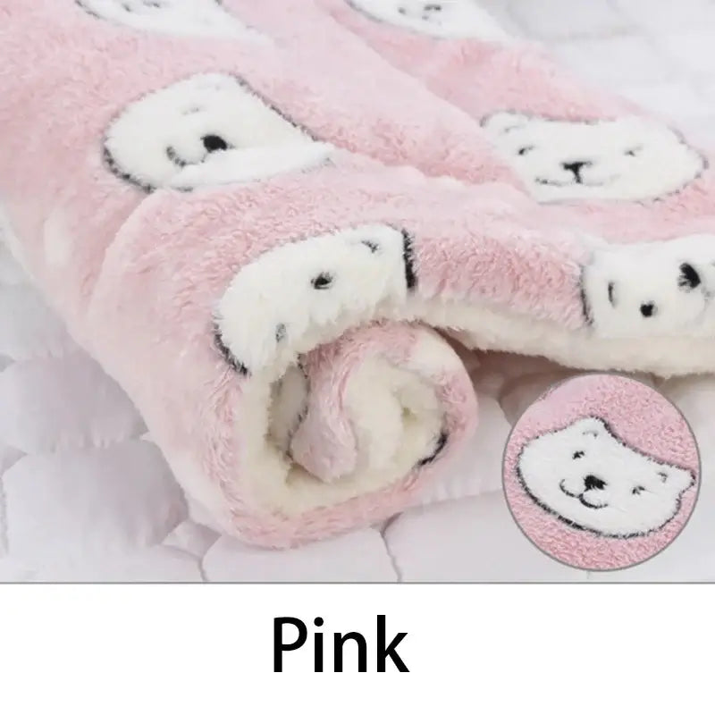 Pink flannel pet blanket with cute animal print, soft and cozy for pets to stay warm and comfortable.