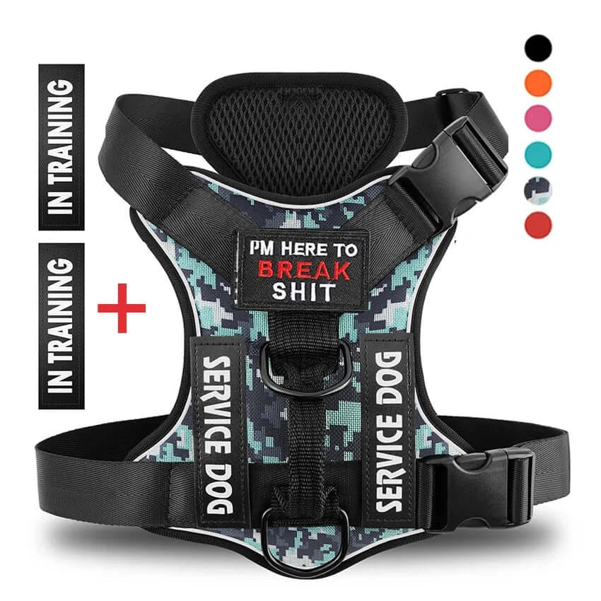 Service dog harness with reflective patches, customizable, sturdy design for safety and training.