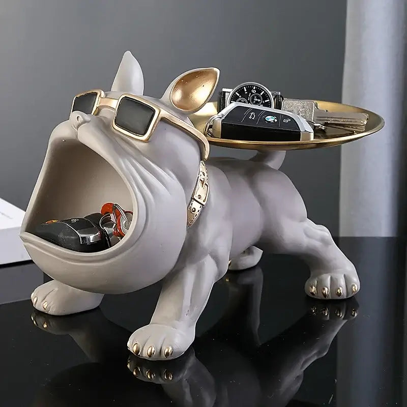 Bulldog resin statue with storage space, wearing sunglasses, ideal for home decor and organizing essentials.