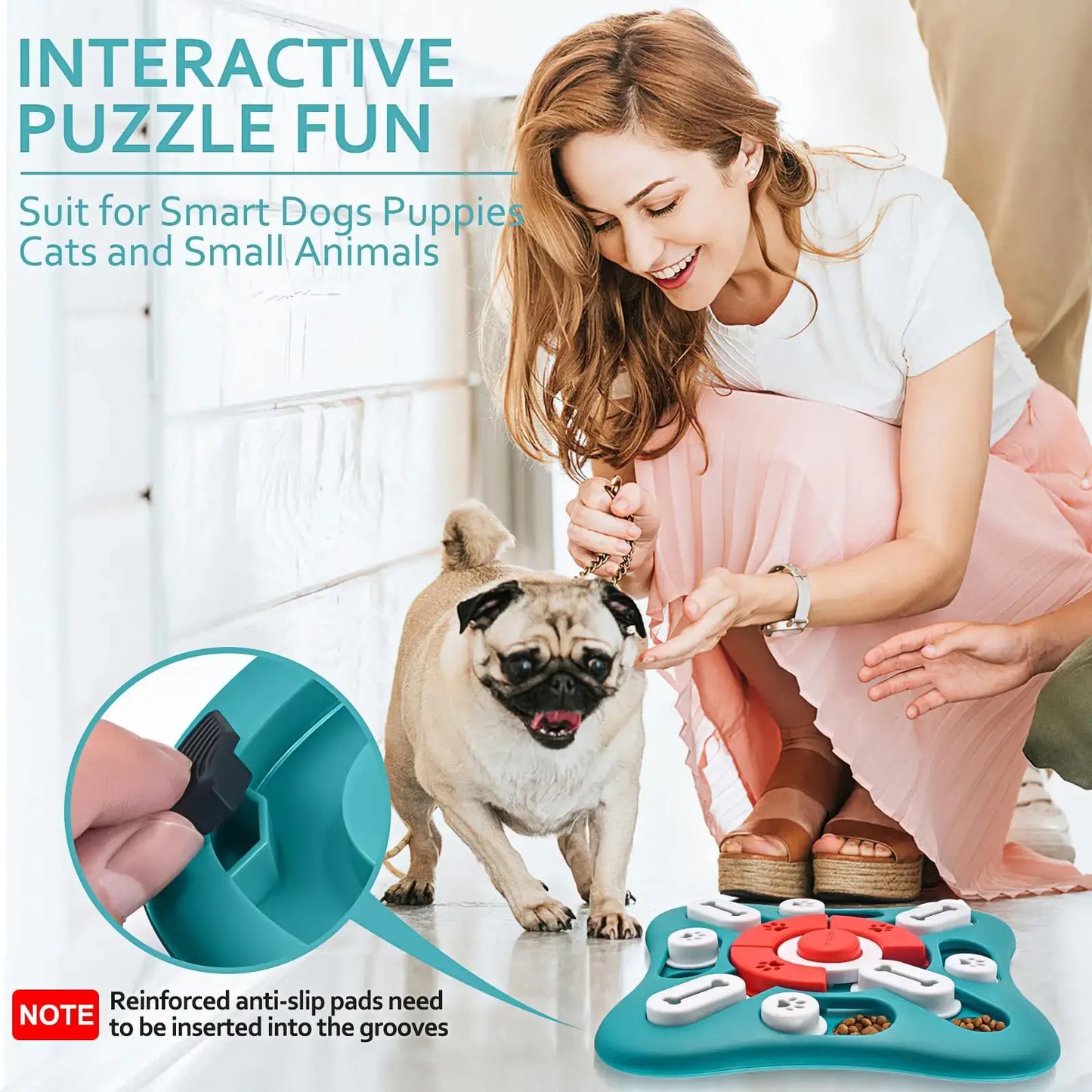 Interactive puzzle toy for dogs and cats, featuring a woman and her pug engaging in fun problem-solving.