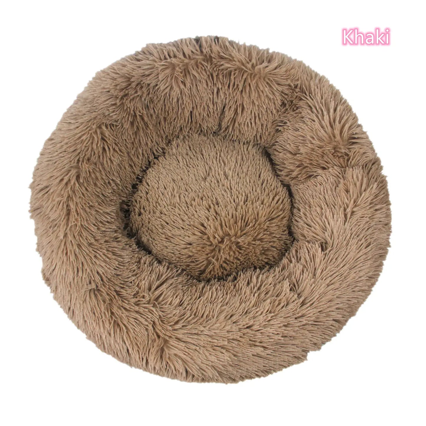 Cozy khaki round plush pet bed for dogs and cats, offering warmth and comfort for anxiety relief.