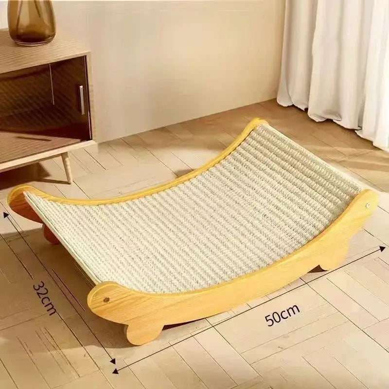 Wooden cat scratcher bed with durable sisal surface, measuring 50cm x 32cm, ideal for scratching and sleeping.