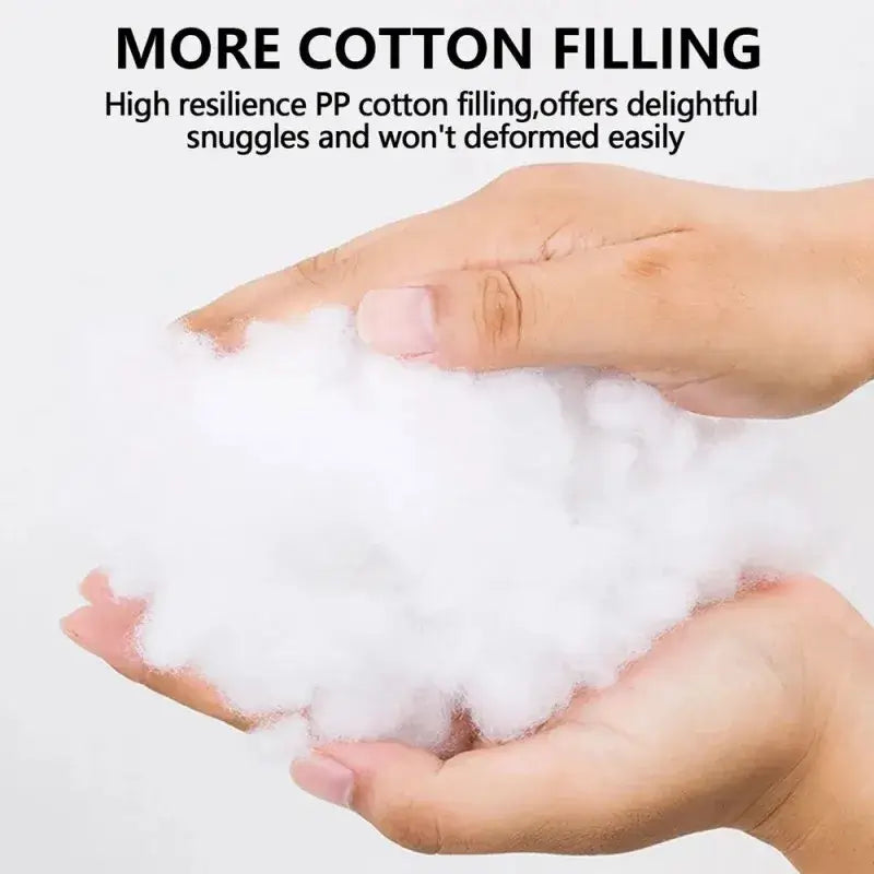 Hands holding high-resilience PP cotton filling for soft and durable pet beds.