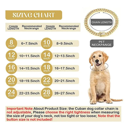 Sizing chart for Golden Sparkle Diamond Dog Collar, featuring recommended chain lengths for small to large dogs.