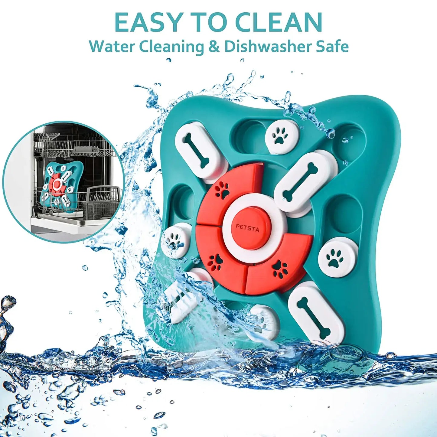 PuzzlePup IQ Trainer interactive dog toy, easy to clean, dishwasher safe, promoting mental stimulation for dogs.