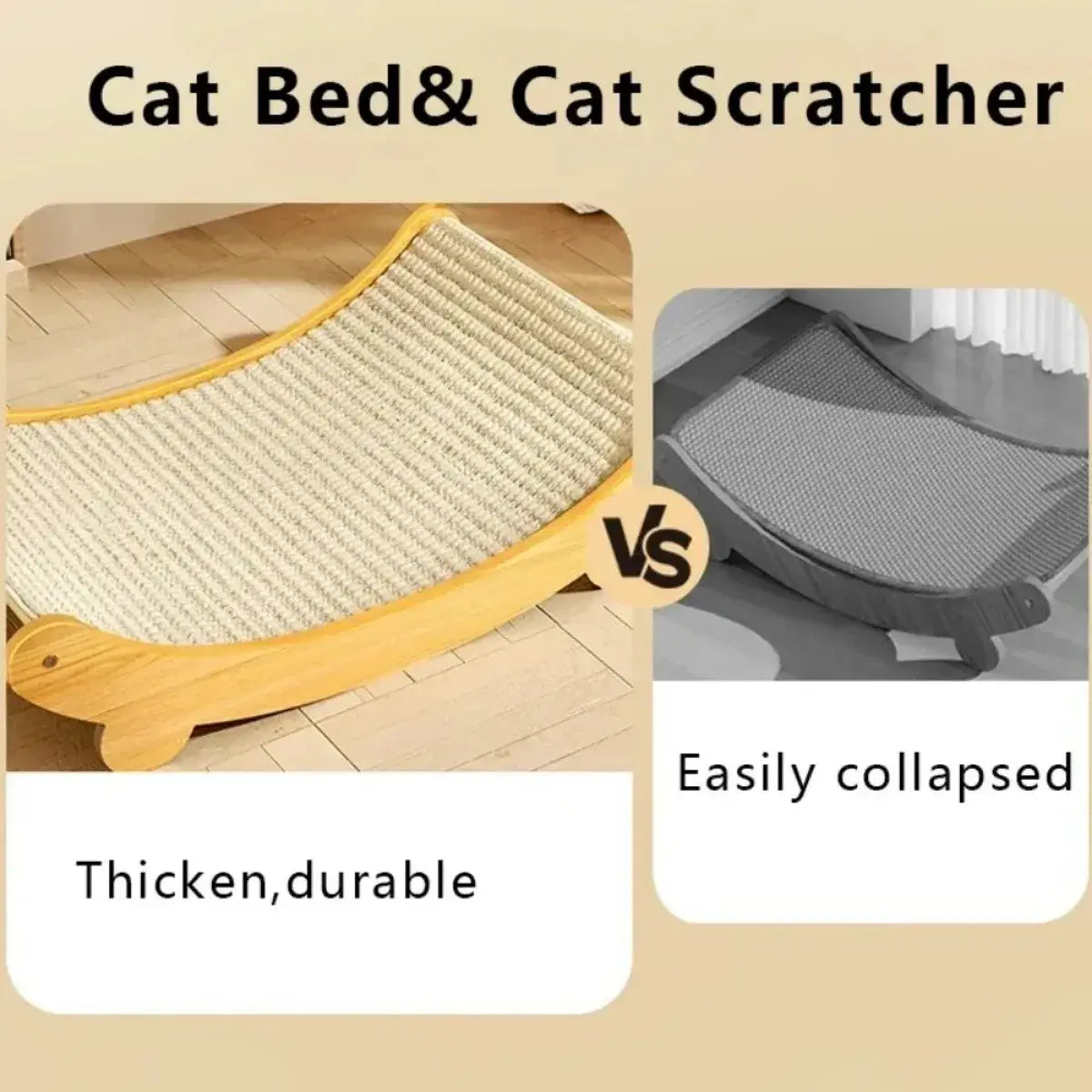 Comparison of durable wooden cat bed and easily collapsible cat scratcher, highlighting features for scratching and resting.