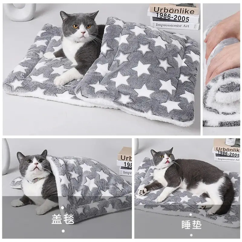 Cozy flannel pet sleeping mat with star design, featuring a cat relaxing and using the soft coral velvet blanket.