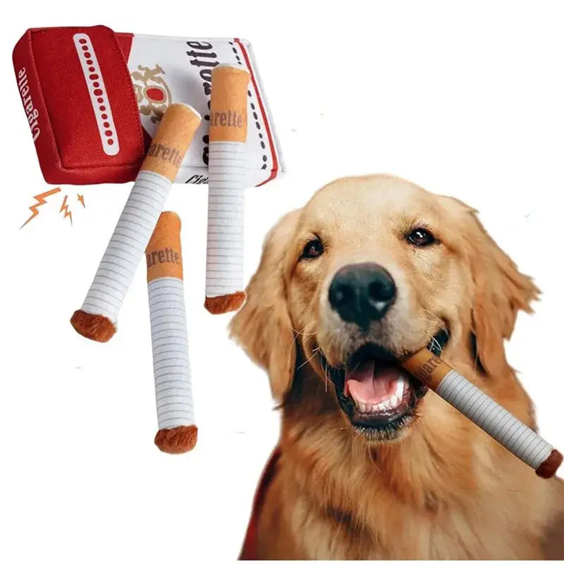 Funny plush cigarette dog toy set with a golden retriever, featuring squeaky cigarettes for small and medium dogs.