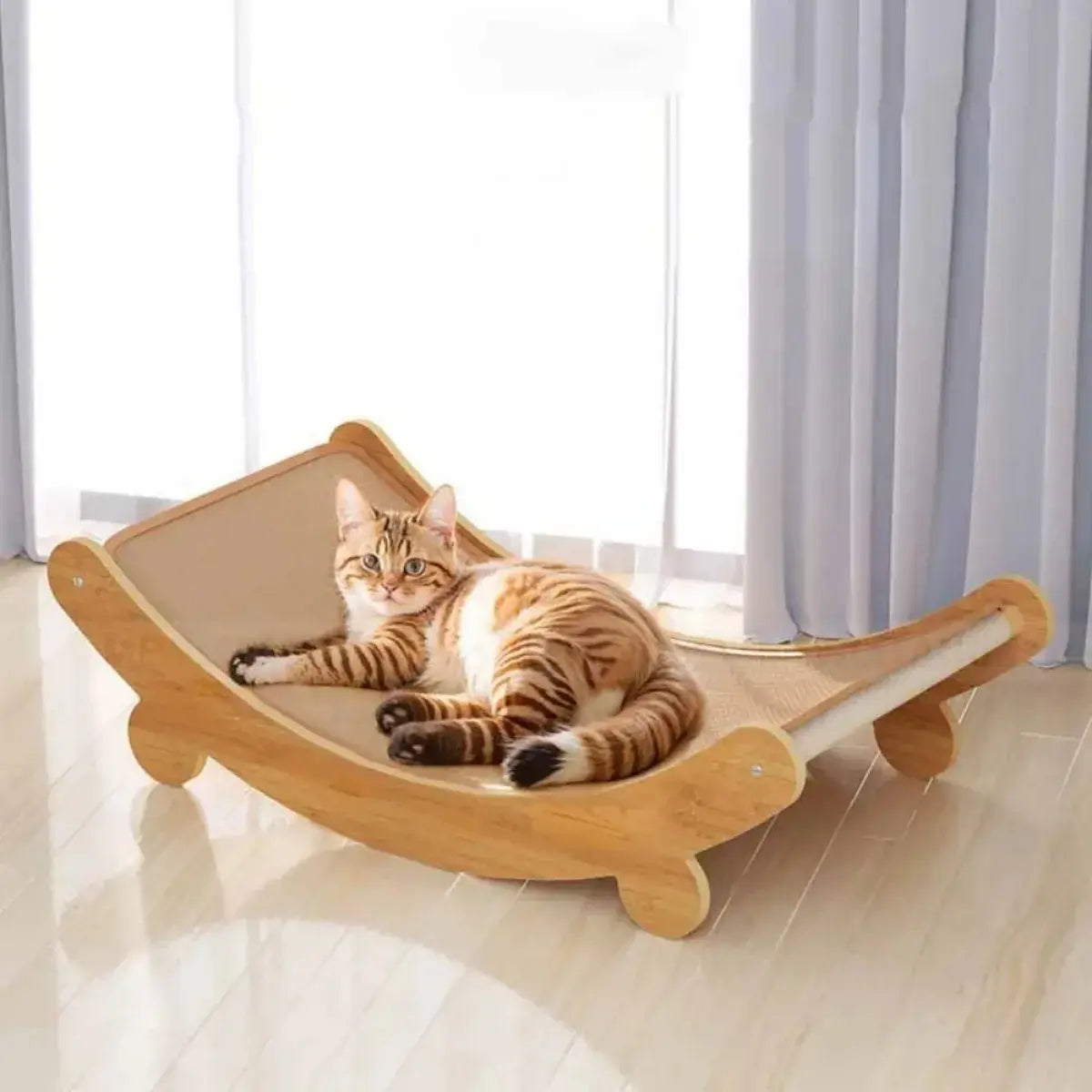 Cat lounging on a stylish wooden cat scratcher and bed, perfect for scratching and sleeping.