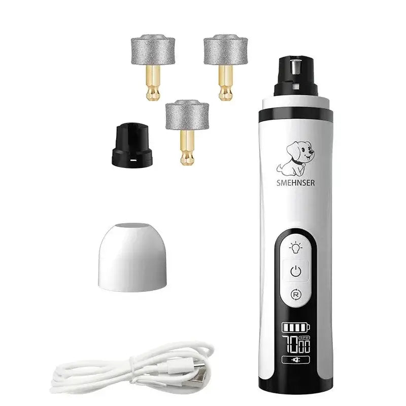 SilentGlow LED pet nail grinder with three grinding heads and USB charger for dogs and cats.