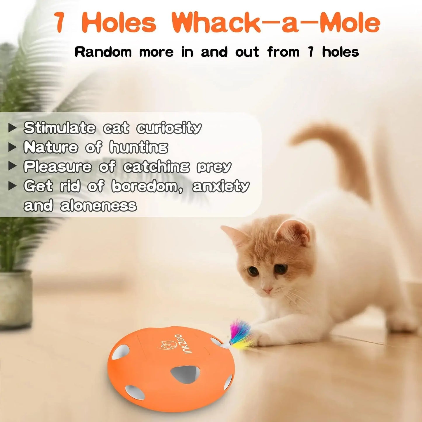 Cat playing with INKZOO Whack-A-Mole toy showcasing 7-hole design for stimulating hunting instincts.