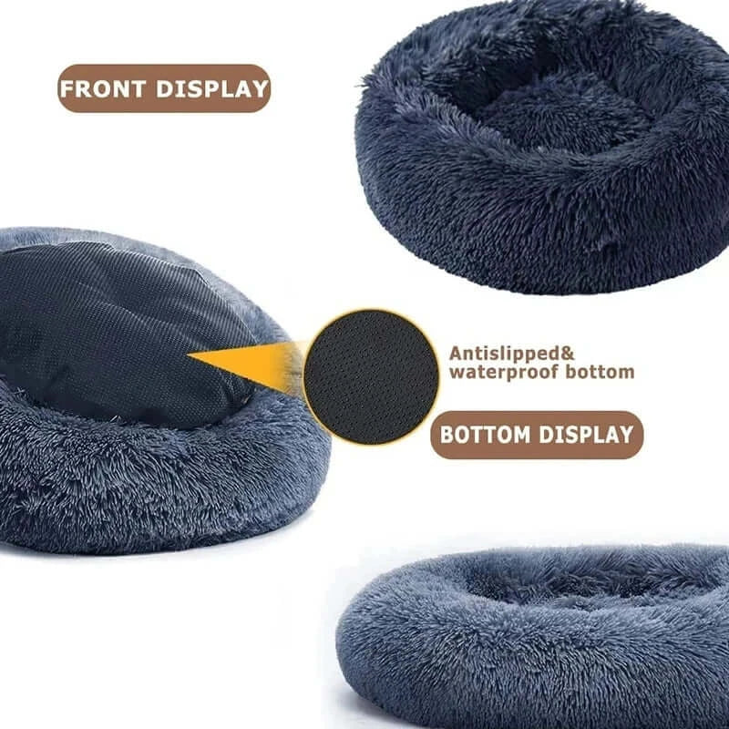 FurEver Pet Bed features front, side, and bottom views showcasing plush, anti-slip, and waterproof design for comfort and safety.