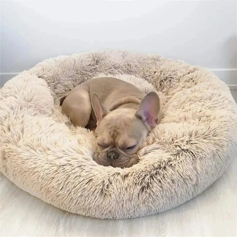 Cozy plush cat and dog bed featuring a sleeping French Bulldog in a round, fluffy design for ultimate comfort and anxiety relief.