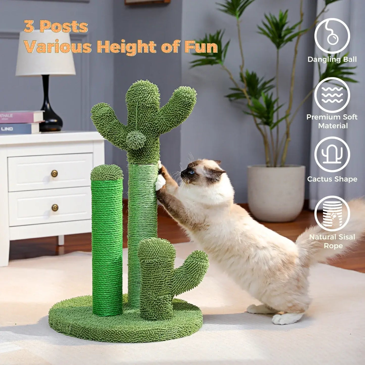 Cactus Cat Scratching Post-KittyCacti with three sisal-wrapped posts and dangling ball, designed for playful cats.