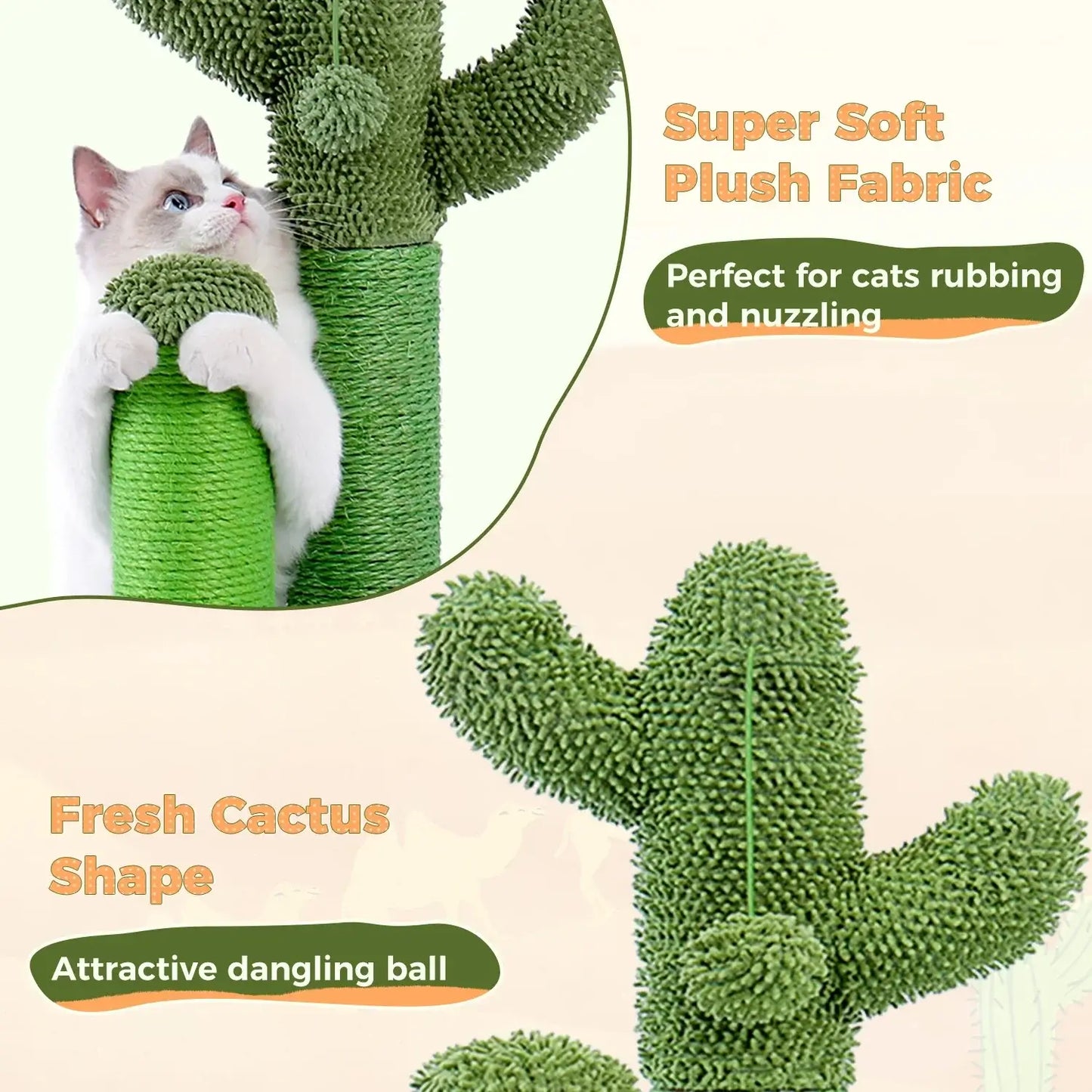 Cactus Cat Scratching Post-KittyCacti, featuring soft plush fabric and interactive dangling ball for feline fun.